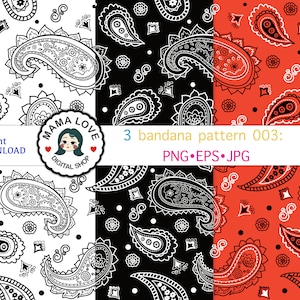 May include: Three bandana patterns in black and white, black and red, and white and red. The patterns feature a paisley design. The text "3 bandana pattern 003: PNG.EPS.JPG" is at the bottom of the image.