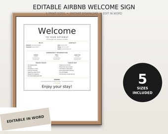 Editable Airbnb Welcome Sign Template, Guest Welcome Sign, Printable Wifi Sign, Vacation Rental Decor, 5 Sizes, Instant Download