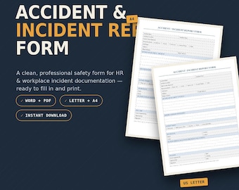 Accident Report Form Template, Editable Workplace Incident Report, Printable PDF & Word, HR Safety Form, Instant Download, A4 + Letter