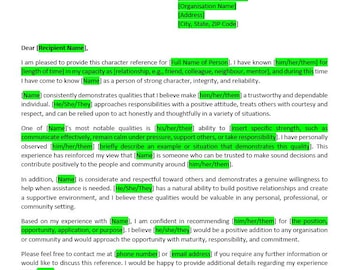 Character Reference Letter Template, Editable Word Document, Personal Reference, Recommendation Letter, Professional Reference Template