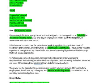 Nurse Resignation Letter Template, RN Resignation Letter, Editable Word Template, Professional Notice, Instant Download