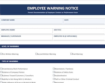 Employee Warning Notice Template, Editable Word Document, HR Disciplinary Action Form, Printable Employee Write Up, Instant Download
