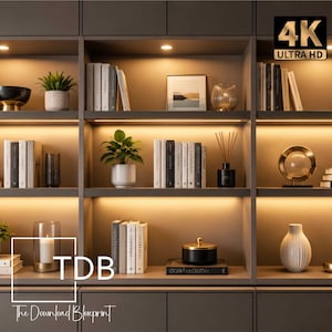 May include: A dark gray built-in shelving unit with integrated warm LED lighting, displaying various books, potted green plants, decorative ceramic vases, a gold circular sculpture, and a black lidded container, with TDB text overlay.