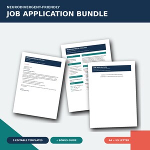 May include: A neurodivergent-friendly job application bundle featuring three white document templates with dark blue and teal accents. The pages include a cover letter, a resume for Morgan Reese Collins, and a job application guide with text.