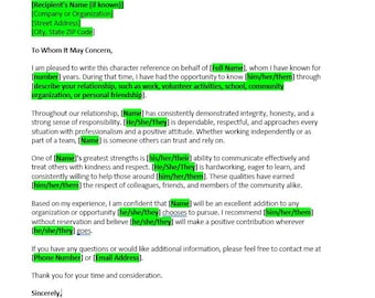 Character Reference Letter Template, Personal Reference Letter, Editable Word Template, Instant Download