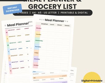Meal Planner Printable, Weekly Meal Prep Planner, Grocery List Template, Rainbow Meal Plan PDF, Digital Meal Planner, A4 A5 Letter