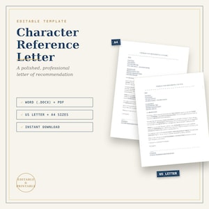 Könnte beinhalten: Eine bearbeitbare Vorlage für ein Referenzschreiben mit dunkelblauem Text auf cremefarbenem Hintergrund. Das Dokument enthält zwei weiße Seiten mit der Beschriftung A4 und US Letter sowie Platzhalter für Kontaktinformationen und Text.