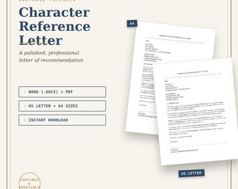 Character Reference Letter Template, Editable Word Recommendation Letter, Printable PDF, Professional Reference Form, A4 & Letter Size