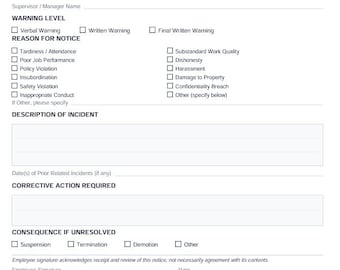 Employee Warning Notice Template | Printable Disciplinary Action Form | HR Write Up | A4 & US Letter PDF | Editable Instant Download