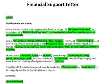 Financial Support Letter Template | Editable Word Doc | Income & Sponsorship Proof | Instant Download