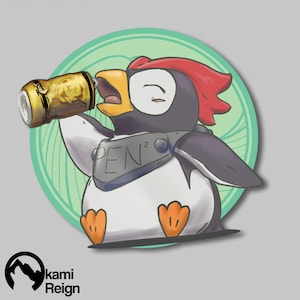 May include: A cartoon penguin wearing a black and white suit with the word "PEN2" on it, holding a can of beer and looking to the right.