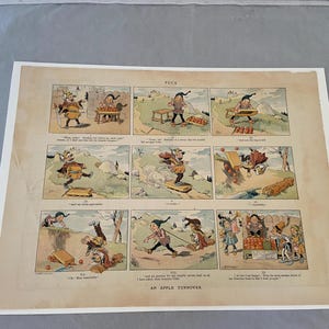 May include: Antique Puck magazine print featuring a nine-panel comic strip titled "An Apple Turnover." The illustrations depict whimsical characters in a humorous sequence, with vibrant colors and detailed artwork. The print is on aged paper.