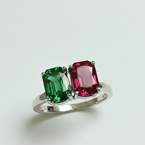 Octagon Ruby & Emerald Two Stone Ring 925SterlingSilver Minimalist Engagement Jewelry Valentine Gift