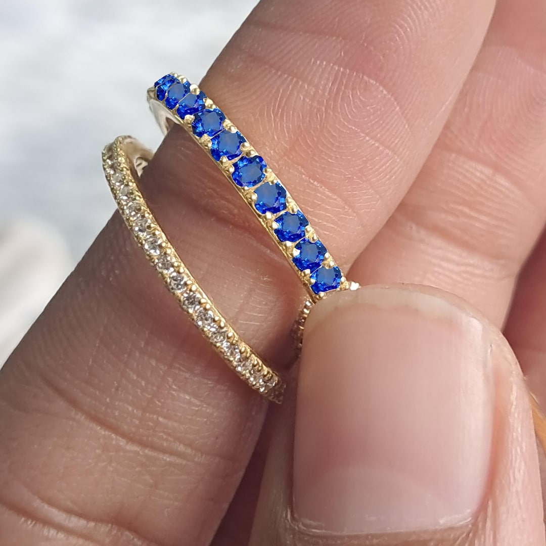 Blue and Diamond Two Interlocking Band Ring, 925 Silver Wedding Ring ...