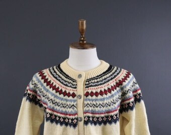 DALE OF NORWAY Fair Isle Wool Knit Vintage Ski Clasp Cardigan Sweater Size L