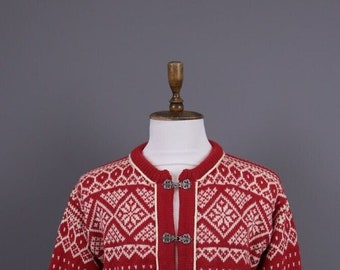 DALE OF NORWAY Red Fair Isle Wool Clasp Ski Knit Cardigan Sweater Size 52 / L