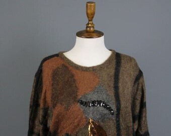 Vintage ESCADA Brown Floral Mohair Wool Relaxed Knit Sweater Size 40