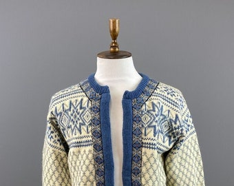 DALE OF NORWAY Pull cardigan en laine Fair Isle bleu ouvert sur le devant Taille L/52