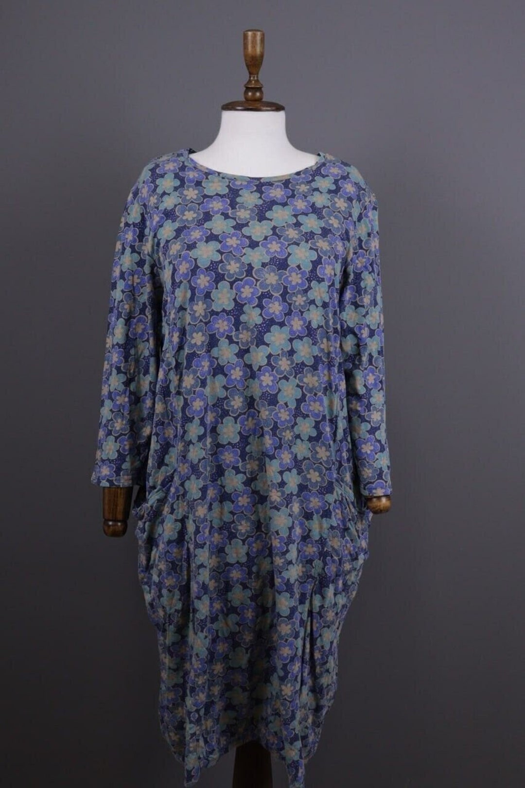 GUDRUN SJODEN Blue Floral Relaxed Long Sleeve Blouson Midi Dress Size L ...