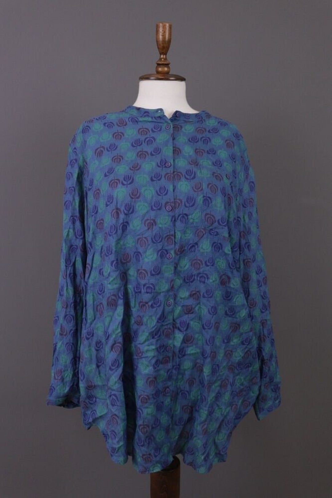 GUDRUN SJODEN Blue Floral Lagenlook Button Long Sleeve Tunic Shirt Sz ...