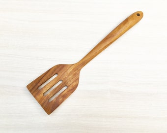 12 Inch Teak Wood Slotted Spatula, Golden Teak Spatula, 30 cm. Wooden Slotted Spatula, Hand Carved Wooden Spatula, Teak Kitchen Utensil