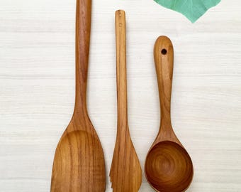 Teak Wood Cooking Utensil Set: 12.8" Angled Spatula, 9" Serving Ladle & 10.2" Kitchen Tongs, Food-Safe Cooking Utensils