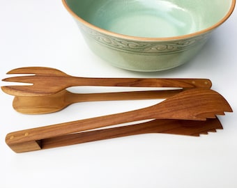Handcrafted Teak Wood Tongs: 10.25 Inch (26 cm.) Golden Teak Kitchen Tongs for Serving and Cooking, Food-Safe Utensil