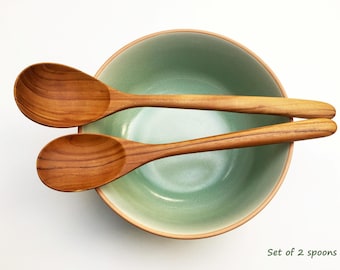 Teak Wood Spoon Set: 14" Serving Spoon & 12.8" Cooking Spoon,  Food-Safe Handmade Utensils