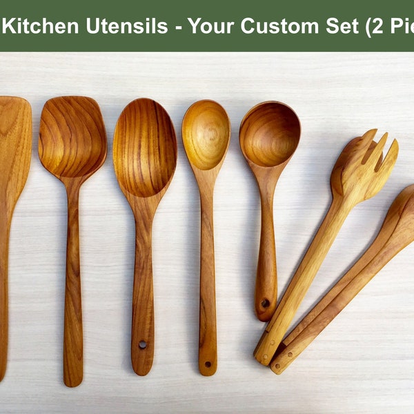 Teak Kitchen Utensils - Your Custom Set, Set of 2 Teak Wood Kitchen Utensils, Teak Wood Salad Tongs, Teak Wood Spatula, Teak Wood Spoon