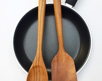 Golden Teak Utensil Set (2 Pieces): 12" Thin Spatula & 12.8" Cooking Spoon - Handmade from Natural Teak Wood, Food-Safe Utensils