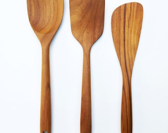 Golden Teak Spatula Set (3 Types): 12.8" Angled Spatula, 12" Thin Spatula & 11.4" Egg/Pancake Turner - Hardwood Spatulas, Food-Safe Utensils