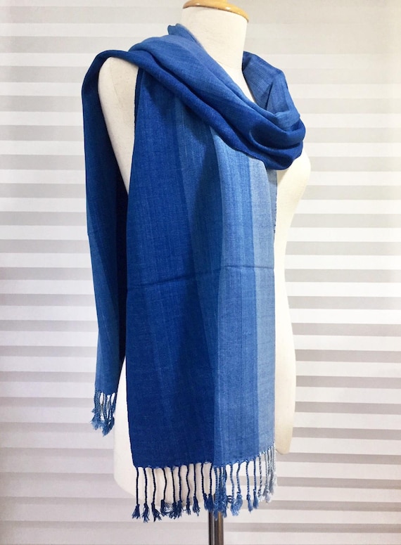 Handwoven Indigo Scarf: 80 Inch (200 cm.) Natural Indigo Dye Scarf, Lightweight Cotton Scarf for All Seasons