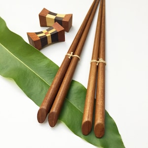 Hand Carved Chopsticks Set: 2 Pairs of Golden Teak Chopsticks with 2 Styles of Rosewood Holders/Rests, Japanese Style Wooden Chopsticks