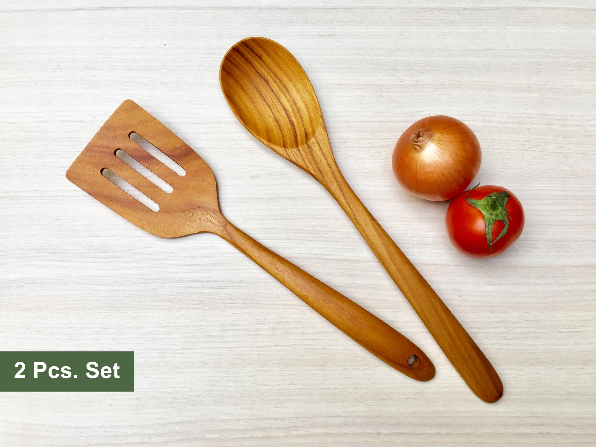 Juego de 2 utensilios de cocina de teca, cuchara de cocina de teca, espátula ranurada de madera, volteador de madera, cuchara de madera de mango largo, espátula de madera natural