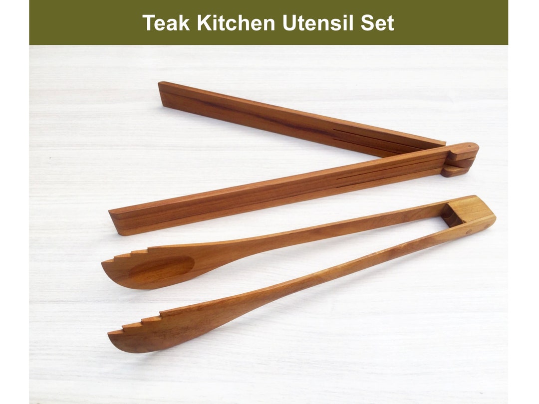 Teak Kitchen Utensil Set: Tongs Set 11 Foldable Tongs - Etsy