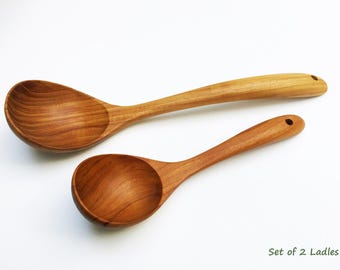 Golden Teak Ladle Set: 13" Large Ladle & 9" Small Ladle, Hand Carved Serving Ladles, Food Safe Utensils