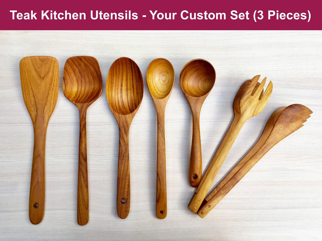 Teak Kitchen Utensils Your Custom Set of 3 Kitchen Utensils, Teak Wood