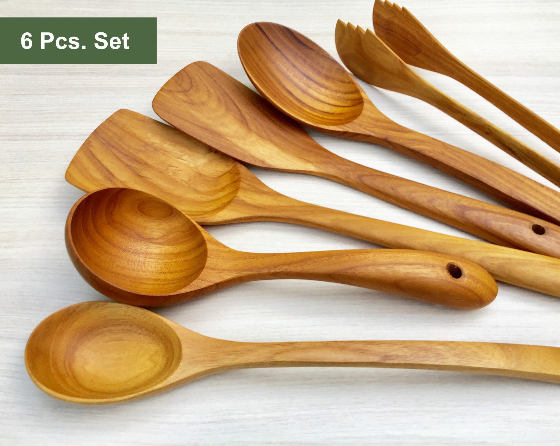 Set of 6 Teak Kitchen Utensils, Teak Wood Ladle, Teak Wood Spatula