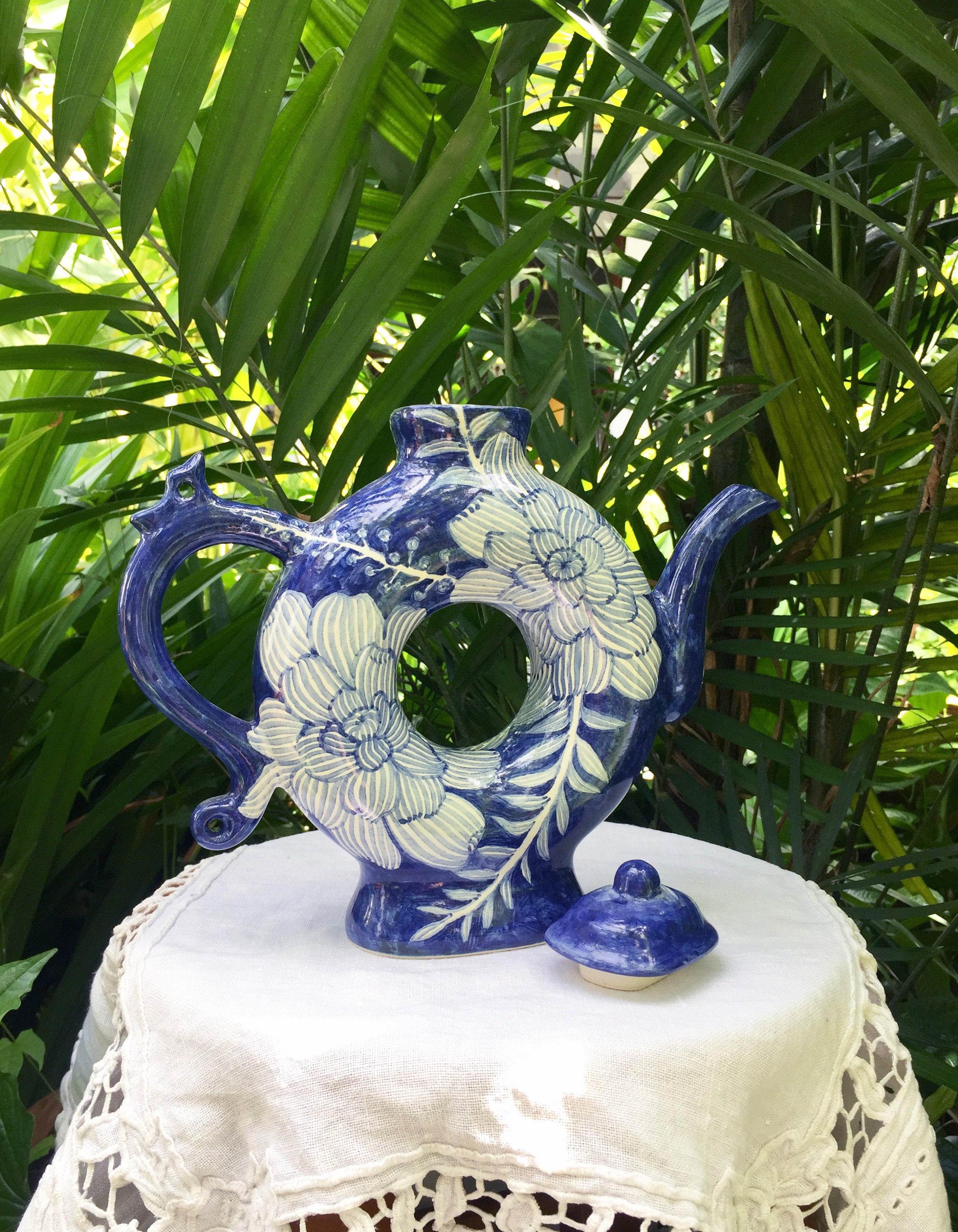 Large Handpainted Chinoiserie Ring Teapot/Vase Blue and White Etsy