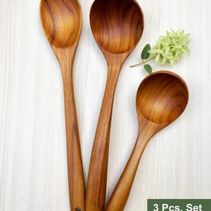 Teak Ladle and Spoon Set (3 Pieces), 12.6&quot; Teak Ladle, 9&quot; Teak Ladle, 13.5&quot; Cooking Spoon, Large Serving Ladle, Durable Wood Ladle and Spoon