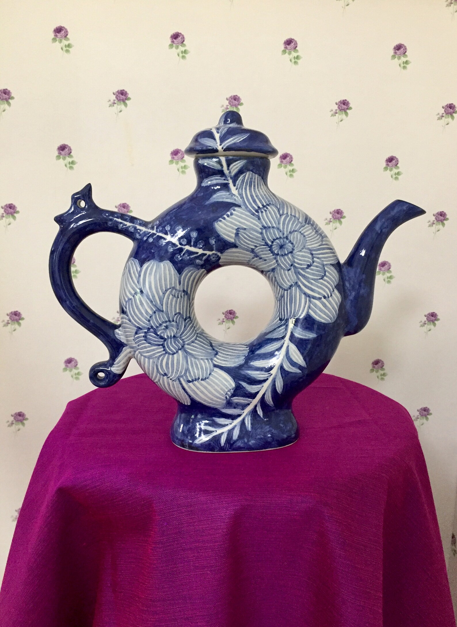 Large Handpainted Chinoiserie Ring Teapot/Vase Blue and White Etsy