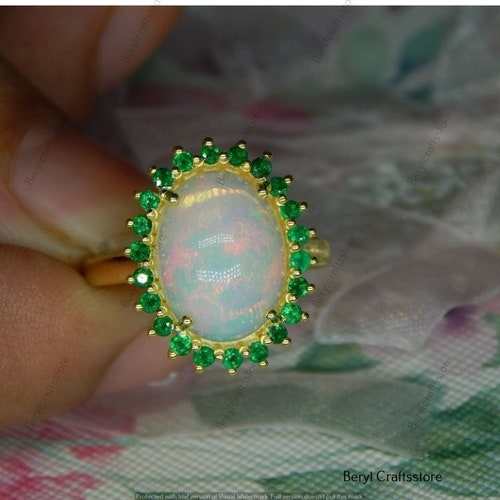 4Ctw Oval Fire Opal shops And Green Emerald Cluster Flower Wedding Engagement Ring 14K Yellow Gold Over