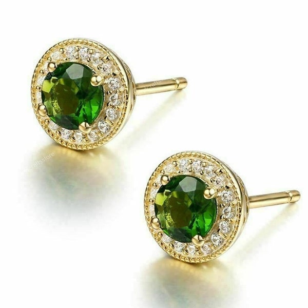 6 MM Round Cut Green Emerald Earrings, Wedding Halo Push Back Earrings, Handmade Diamond Earrings, 925 Sterling Silver Earrings