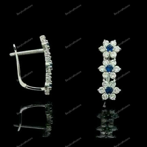 2MM Blue Sapphire Drop Earrings, Diamond Dangle Silver Earrings, Flower Women's Earrings, Letch Back Handamde Earrings, Cluster Earrings