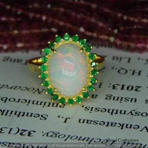 4Ctw Oval Fire Opal shops And Green Emerald Cluster Flower Wedding Engagement Ring 14K Yellow Gold Over