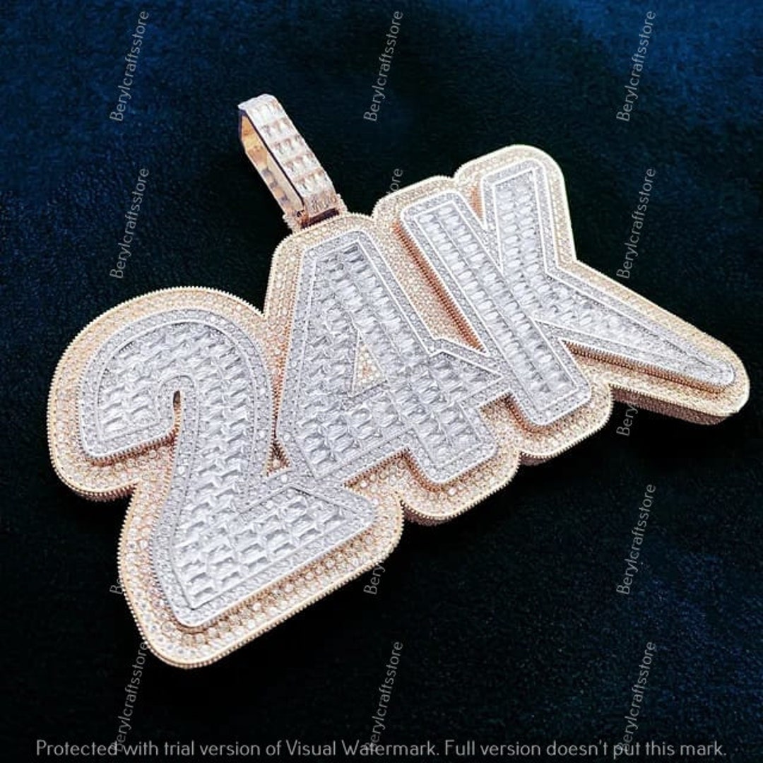 24K Custom Diamond Pendant, Baguette Channel Setting Diamond Pendant ...