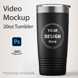 May include: Black 20oz stainless steel tumbler with a silver lid. The tumbler has a white circle with the text "YOUR DESIGN Here" on the side.