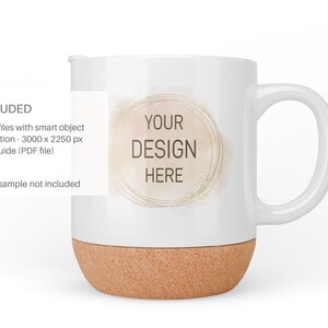 May include: White ceramic mug with a cork base. The mug features a gold circle with the text "YOUR DESIGN HERE" on it. The circle is on a watercolour background with a light pink and gold colour scheme.