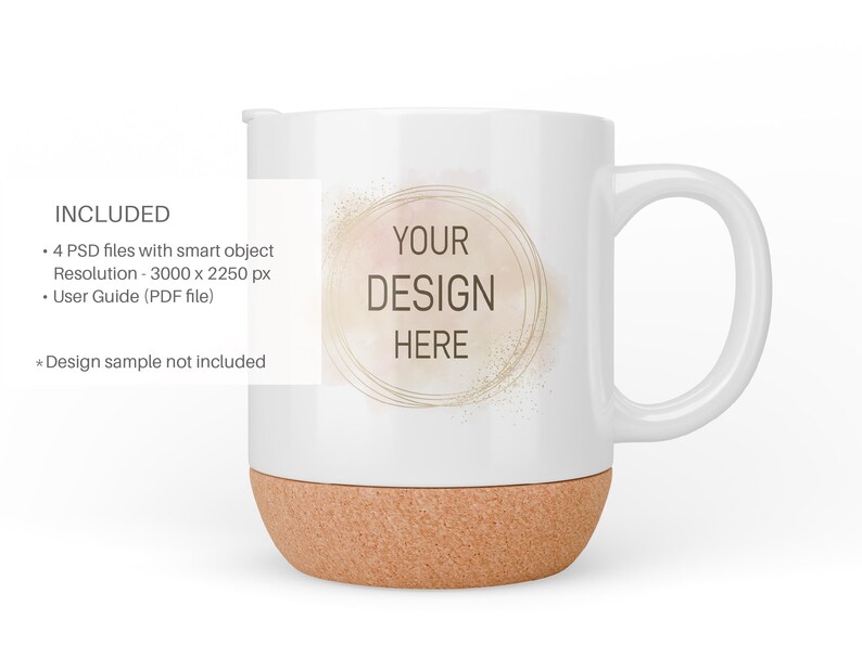 May include: White ceramic mug with a cork base. The mug features a gold circle with the text "YOUR DESIGN HERE" on it. The circle is on a watercolour background with a light pink and gold colour scheme.