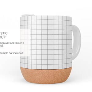 May include: White ceramic mug with a cork base and a grid pattern. The mug has a handle and is suitable for hot or cold beverages.